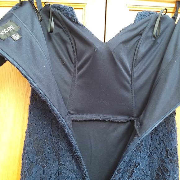 Xscape Womens Navy Lace Off-The-Shoulder Hi-Low Midi Dress Petites 2P  Pre-owne - Picture 12 of 16